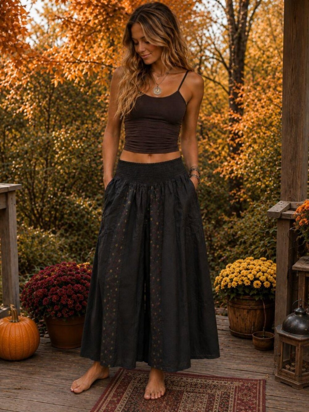 NWT Black Rayon Patchwork Palazzo Pants-Large